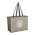 A grey tote bag with darker contrast sides, featuring a logo on one side and sturdy handles.