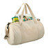 A light beige barrel duffel bag featuring two handles, a shoulder strap, and an external pocket with items inside.