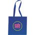 A blue tote bag with long handles featuring a circular logo in the centre.