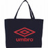 A navy tote bag with red branding and sturdy handles, featuring a logo. Suitable for shopping or carrying items.