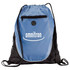 A blue and black drawstring sportspack with a logo and mesh side pockets.