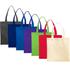 A collection of small non-woven tote bags in various colours: grey, blue, purple, green, red, and cream, each with handles.