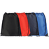 A collection of large drawstring sportspacks in black, red, navy, and blue, each featuring a logo.