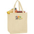 A beige insulated grocery tote filled with snacks and drinks, featuring a front pocket and sturdy handles.