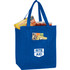 A blue insulated grocery tote filled with snacks and drink bottles, featuring a logo on the front.