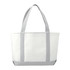 A large tote bag in white with grey straps, featuring a logo on the side.
