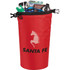 A red waterproof outdoor bag filled with various items, including a drink bottle, wallet, and phone, featuring a logo.