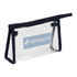 A clear toiletry bag with a navy blue trim and a logo. The bag features a zip closure and a structured design.