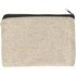 A beige recycled cotton twill pouch with a black zipper, featuring a logo on the front.