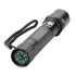 A black torch with a compass attached, featuring a textured grip and a wrist strap.