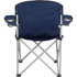 An oversized folding chair in navy blue with cup holders, featuring a metallic frame and a simple design.