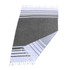 A grey and white striped Turkish beach towel featuring tasselled edges and soft fabric, ideal for beach use.