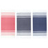 A set of three Trekk Turkish beach towels in red, navy, and dark navy with striped designs and tasselled edges.