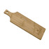 A bamboo serving board with a handle, featuring a logo. The board has a smooth, natural wood finish.