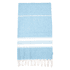 A light blue cotton Turkish towel with white stripes and fringed edges, featuring a logo.