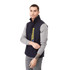 A navy softshell vest for men, featuring a zippered front, branded logo, and a contrasting grey long-sleeve top underneath.