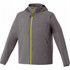 A lightweight men's jacket in grey with yellow accents, featuring a hood and front zip pockets.