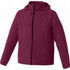 A maroon lightweight jacket with a hood and zippered pockets, featuring a logo on the chest.