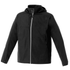 A lightweight men's jacket in black with a hood, featuring zippered pockets and a branding logo.