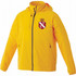 A yellow lightweight men's jacket with a hood, featuring a logo on the chest and side pockets.