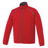 A red packable jacket for men with a zip front and grey detailing, featuring a collar and elastic cuffs.