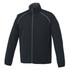 A packable men's jacket in black with grey detailing and a zippered front. Features a logo on the design.