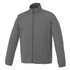 A grey packable jacket for men with a zip front and a stand-up collar, featuring a logo on the sleeve.