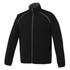 A packable men's jacket in black with grey detailing and a zip front. Features a high collar and elastic cuffs.
