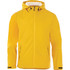 A men's rain jacket in bright yellow, featuring a hood and zippered front pockets. It has a branding logo.