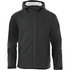 A black rain jacket with a hood, featuring zippered pockets and a logo on the front.