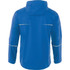 A blue men's rain jacket with a hood, featuring reflective details and a logo on the back.