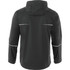 A men's rain jacket in black with reflective accents and a hood, featuring a logo.