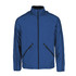 A blue men's packable jacket with zippered pockets and a hood, featuring a logo on the front.