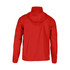 A red packable jacket for men featuring a hood, with a logo on the back and a lightweight design.