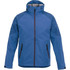 A men's softshell jacket in blue with a hood and two front zippered pockets. It features patterned detailing on the shoulders.