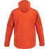 An orange men's softshell jacket with a hood and textured shoulder panels. It features a branding logo.