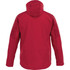 A red men's softshell jacket with a hood and textured shoulder panels. The back view highlights a sleek design.