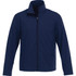 A navy softshell jacket for men with a high collar and front zip, featuring side pockets and a logo.