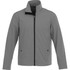 A grey men's softshell jacket with a zip front, high collar, and two side pockets. It features a logo.