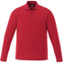 A long sleeve polo shirt in red, featuring a classic collar and buttons, with a logo on the chest.