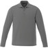 A grey long sleeve polo shirt with a collar and three buttons, featuring a logo on the chest.
