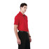 A red men's short sleeve polo shirt, featuring a collar and a logo, displayed on a model.