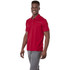 A red short sleeve polo shirt for men, featuring a collar and a logo on the chest.