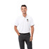 A white short sleeve polo shirt for men, featuring a branding logo on the chest, paired with black trousers.