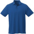 A blue men's polo shirt with short sleeves and a collar, featuring a logo on the chest.