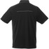 A black short sleeve polo shirt for men featuring a logo and a subtle back design detail.