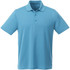 A light blue short sleeve polo shirt featuring a collar and button placket, with a logo on it.