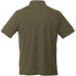 A short sleeve men's polo in olive green with a collar and a logo on the back.