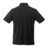 A black men's short sleeve polo shirt with a collar and a logo on the back.