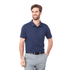A navy short sleeve polo shirt with a collar and a logo. Styled with grey trousers for a smart look.
